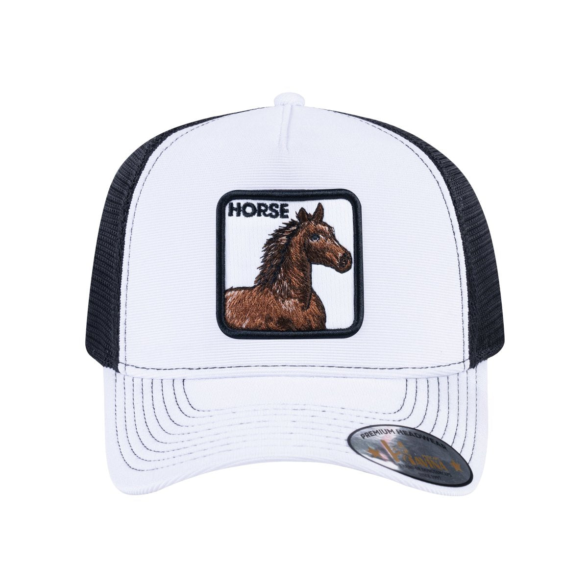 Unisex V2 Embroidered The Horse, 5-Panel Trucker Hat, White/Black, Adjustable Fit