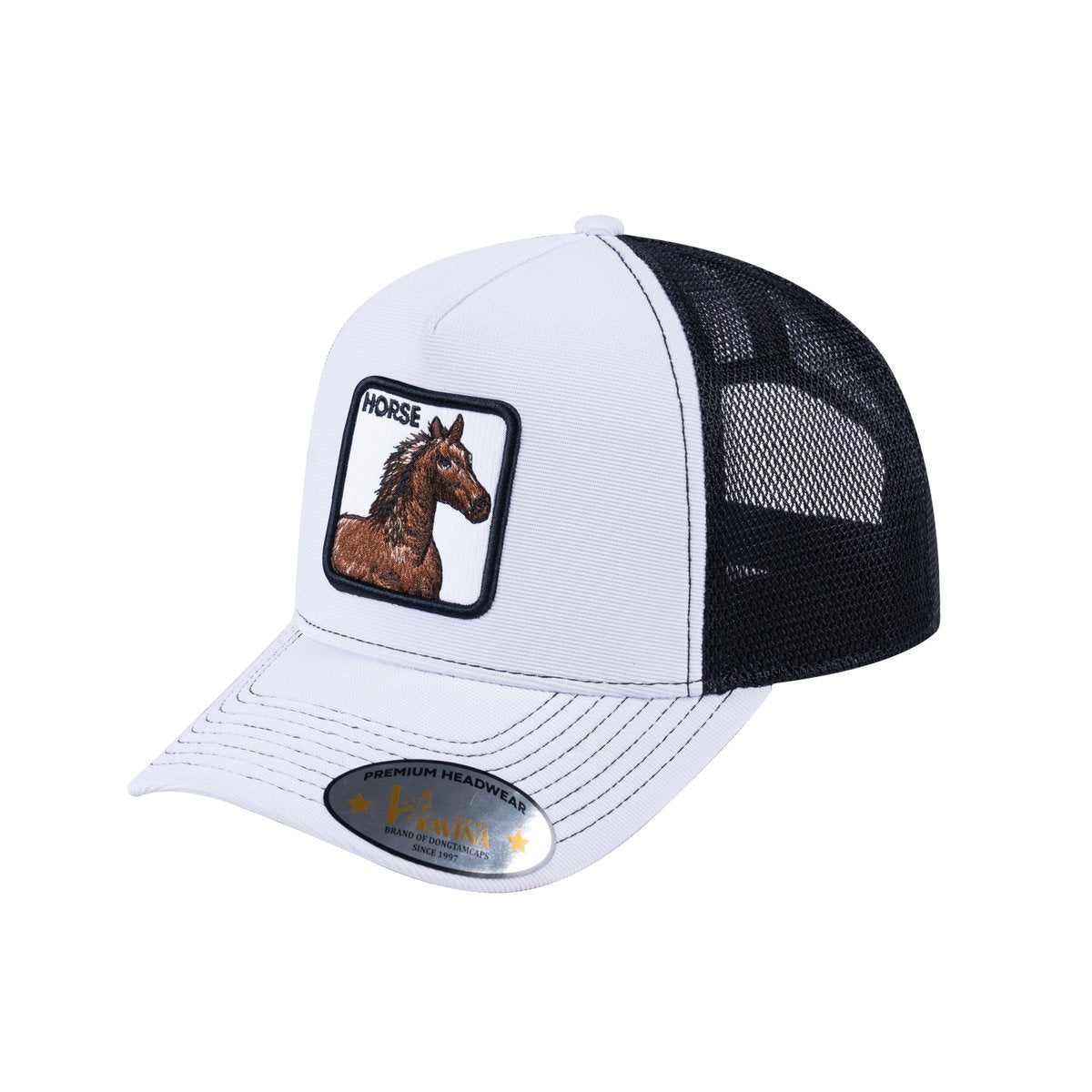 Unisex V2 Embroidered The Horse, 5-Panel Trucker Hat, White/Black, Adjustable Fit