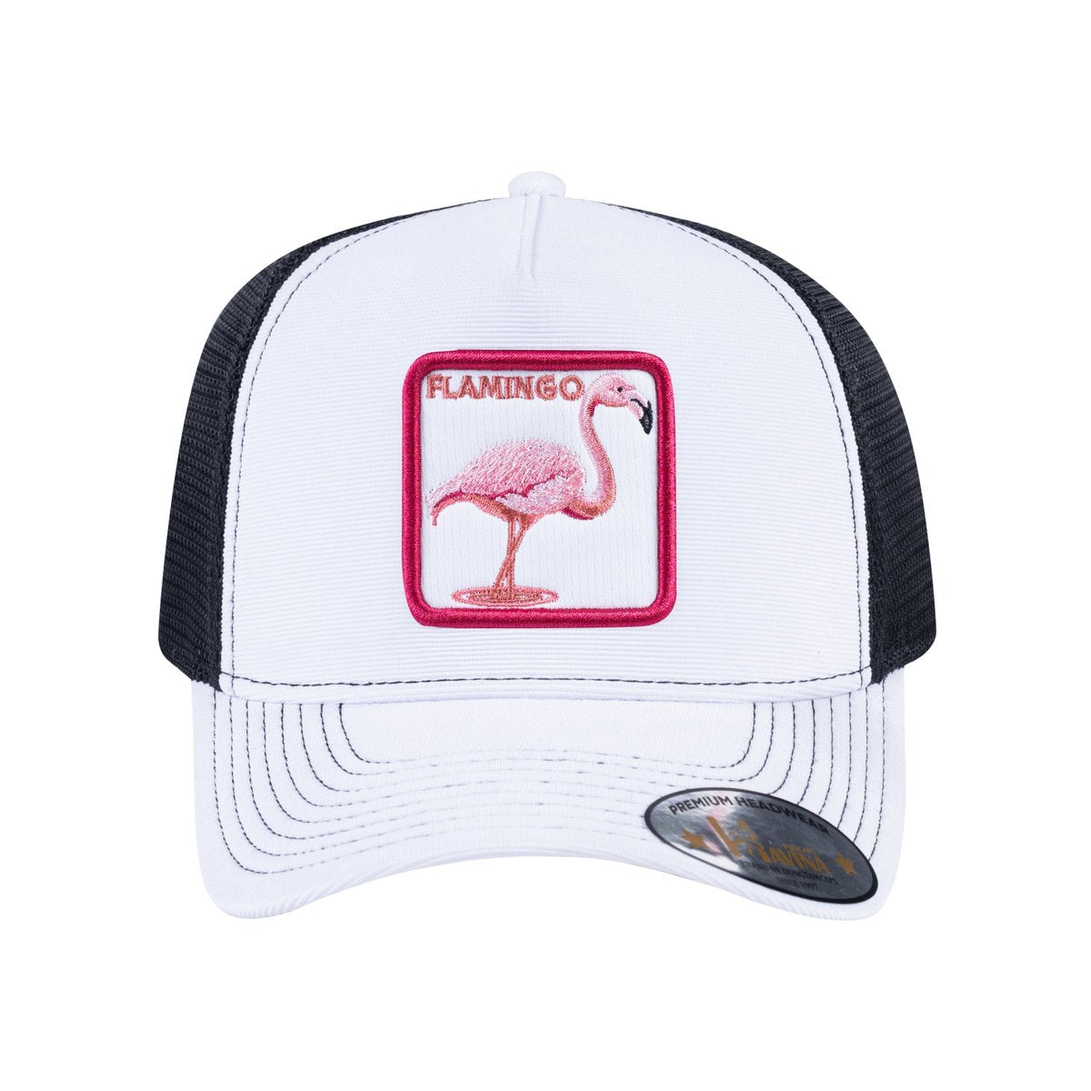 Unisex V2 Embroidered The Flamingo, 5-Panel Trucker Hat, White/Black, Adjustable Fit
