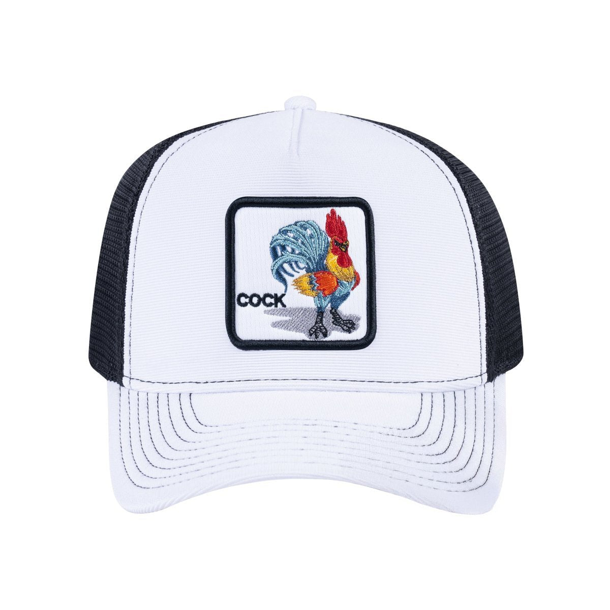 Unisex V2 Embroidered The Chicken, 5-Panel Trucker Hat, White/Black, Adjustable Fit