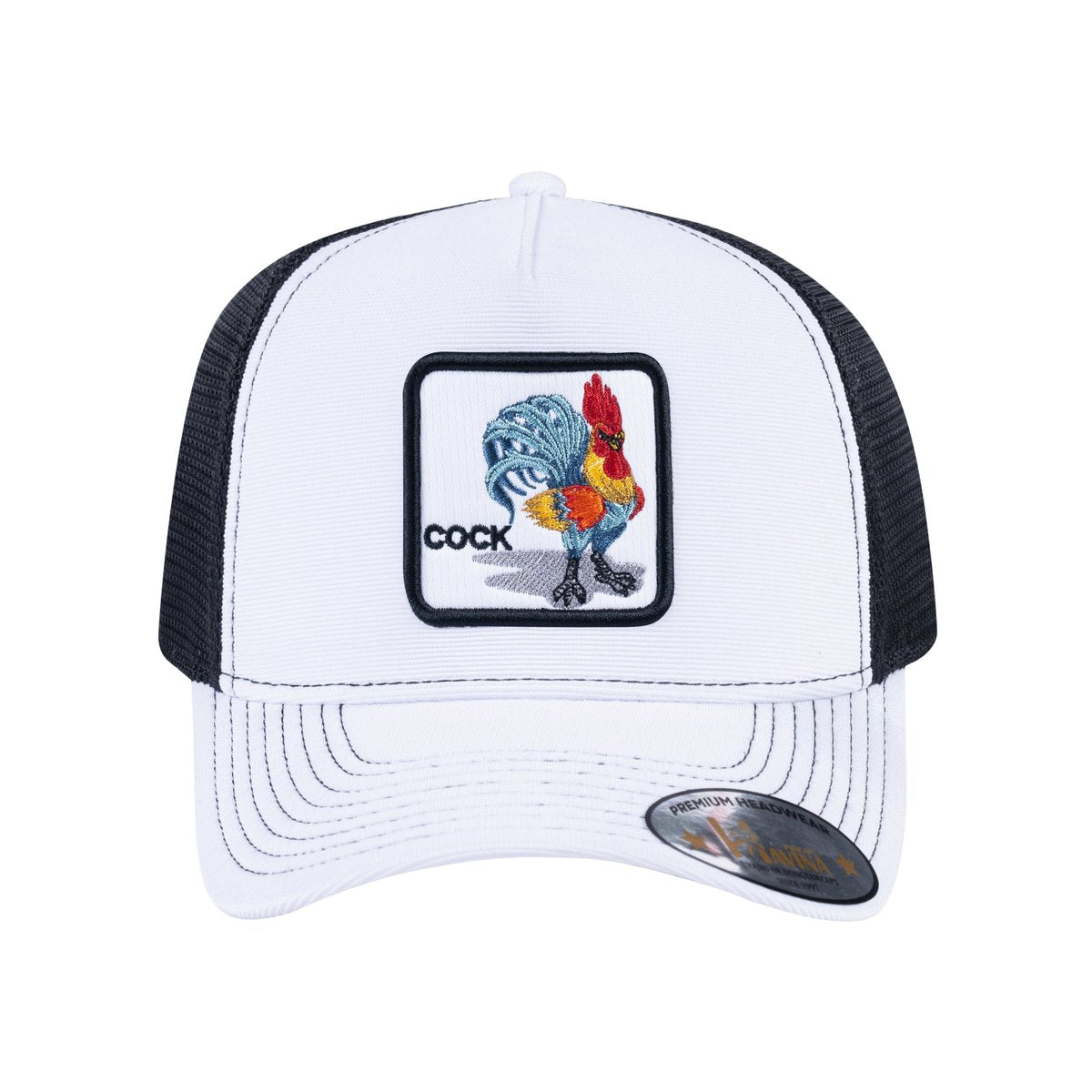 Unisex V2 Embroidered The Chicken, 5-Panel Trucker Hat, White/Black, Adjustable Fit