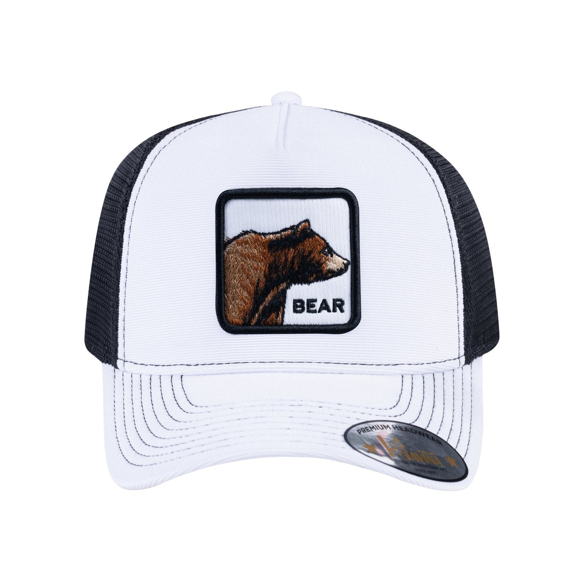 Unisex V2 Embroidered The Bear, 5-Panel Trucker Hat, White/Black, Adjustable Fit