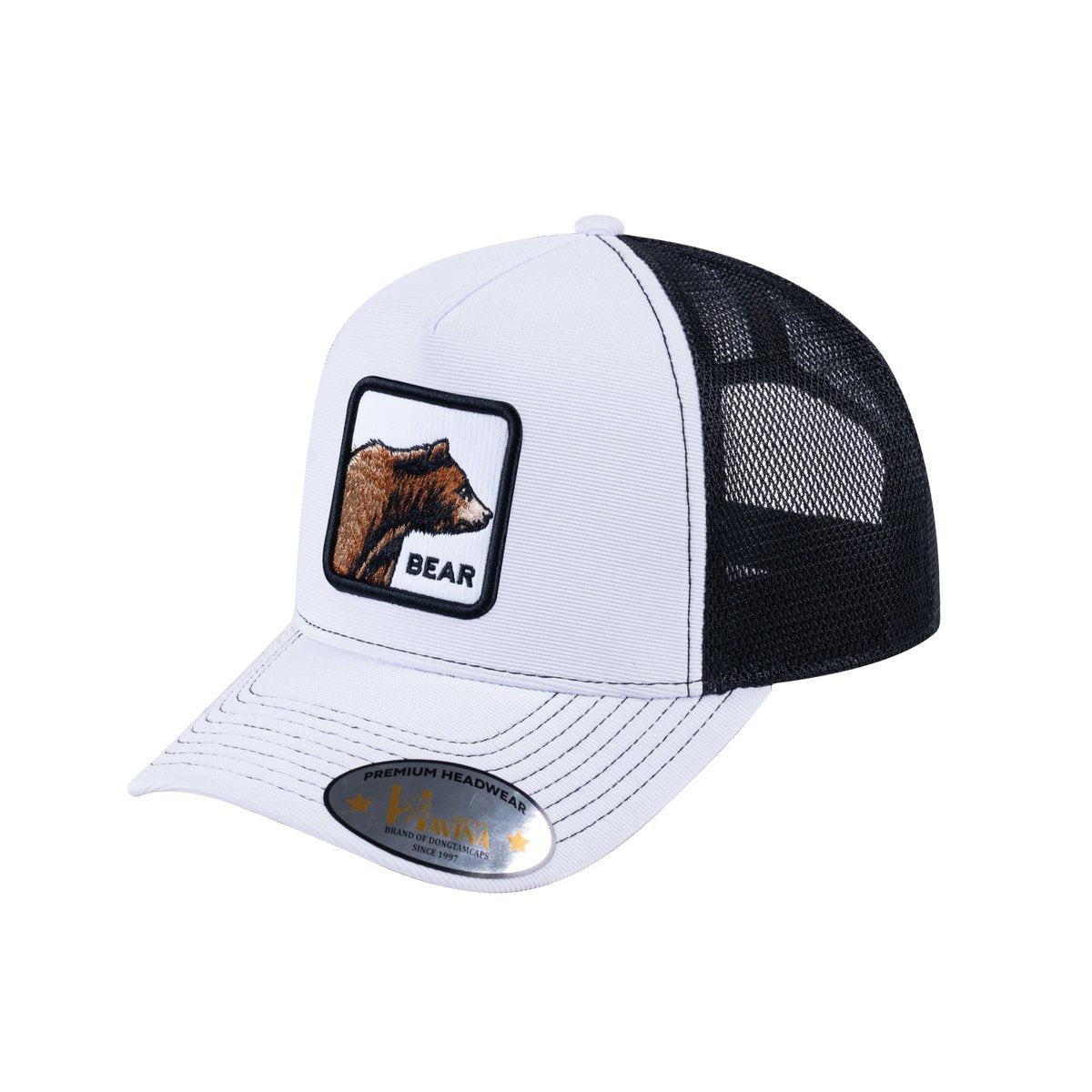 Unisex V2 Embroidered The Bear, 5-Panel Trucker Hat, White/Black, Adjustable Fit