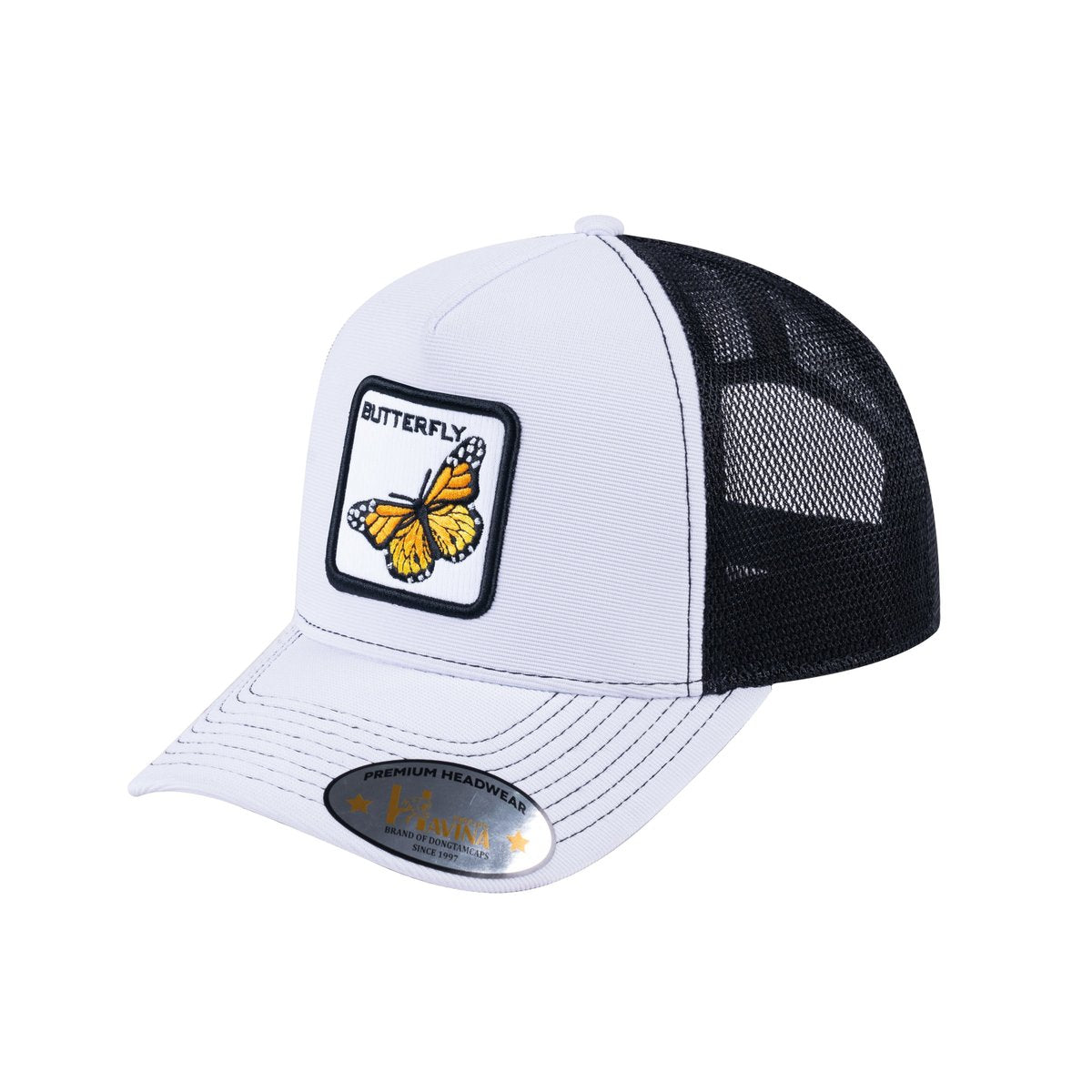 Unisex V2 Embroidered The Butterfly, 5-Panel Trucker Hat, White/Black, Adjustable Fit
