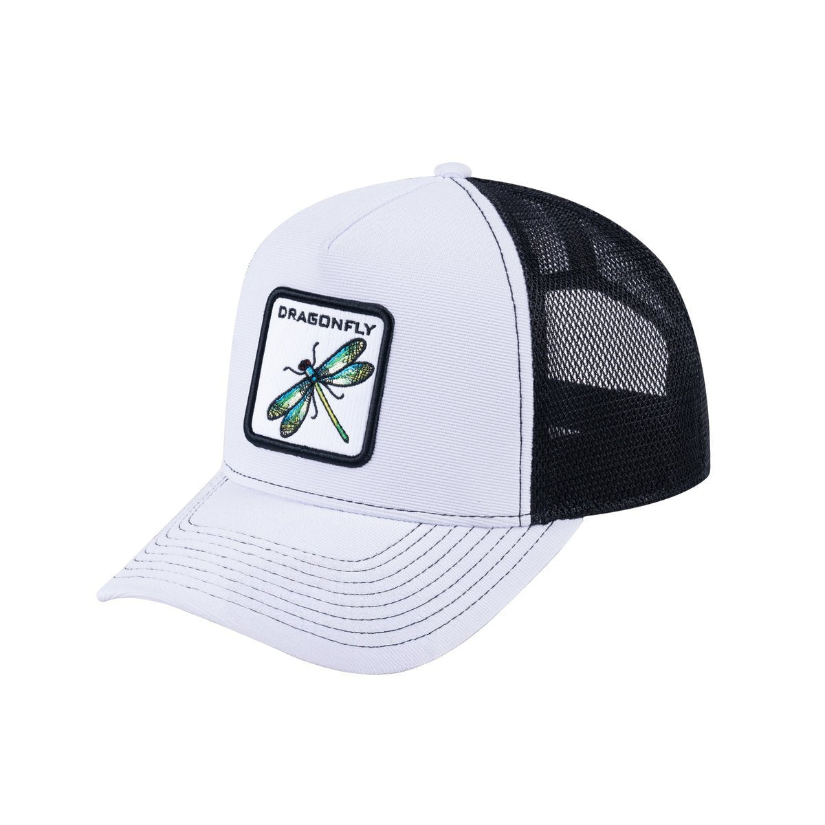 Unisex V2 Embroidered The Dragonfly, 5-Panel Trucker Hat, White/Black, Adjustable Fit
