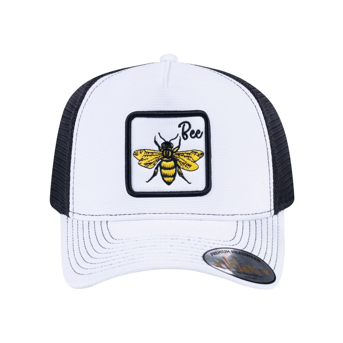 Unisex V2 Embroidered The Bee, 5-Panel Trucker Hat, White/Black, Adjustable Fit