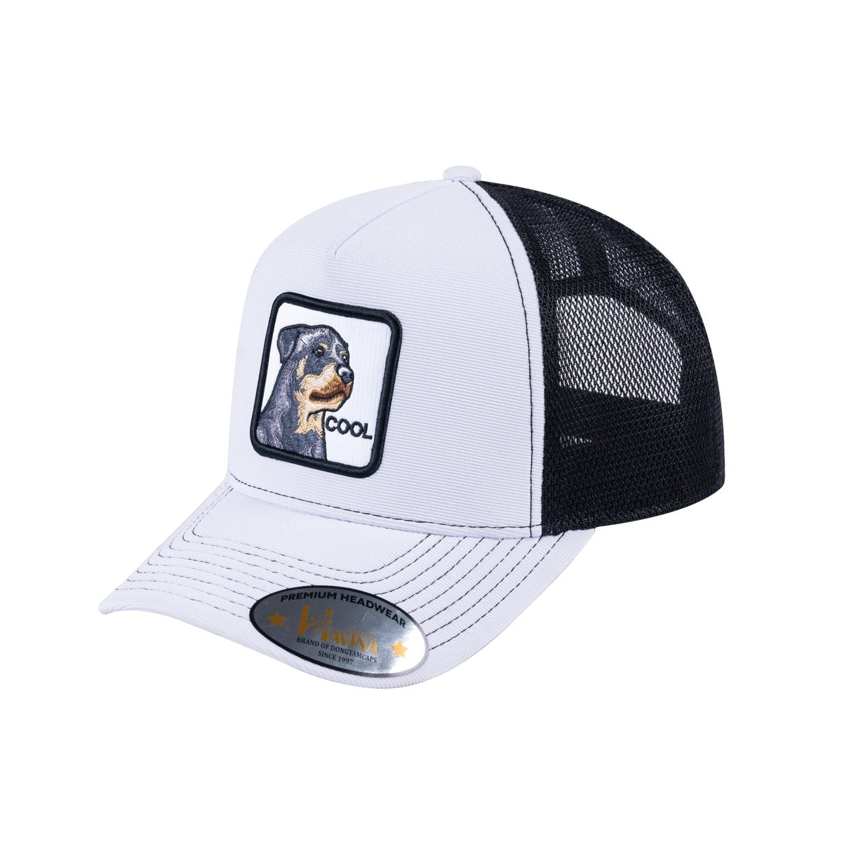 Unisex V2 Embroidered The Dog, 5-Panel Trucker Hat, White/Black, Adjustable Fit