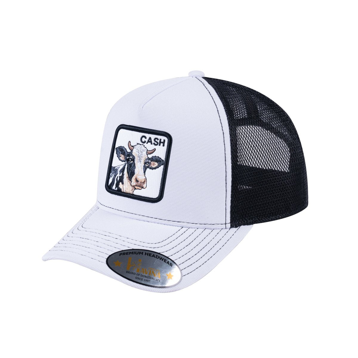 Unisex V2 Embroidered The Cow, 5-Panel Trucker Hat, White/Black, Adjustable Fit