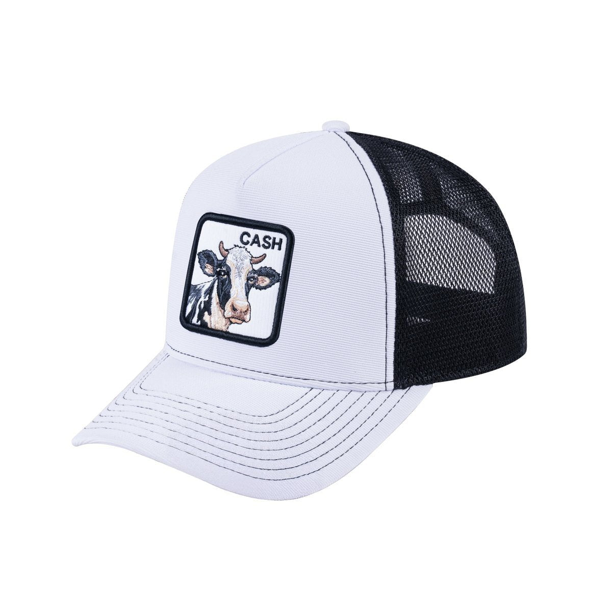 Unisex V2 Embroidered The Cow, 5-Panel Trucker Hat, White/Black, Adjustable Fit