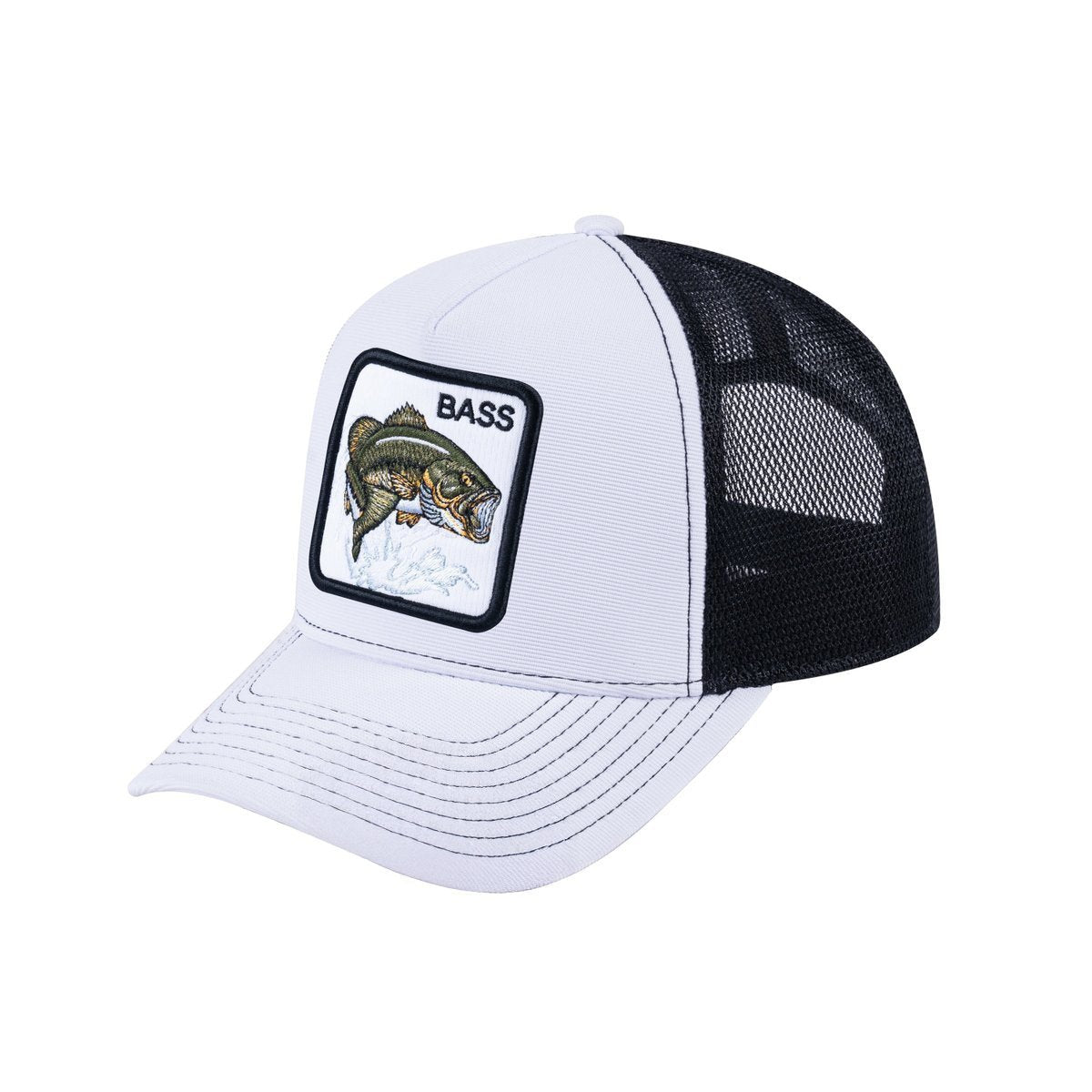 Unisex V2 Embroidered The Bass, 5-Panel Trucker Hat, White/Black, Adjustable Fit