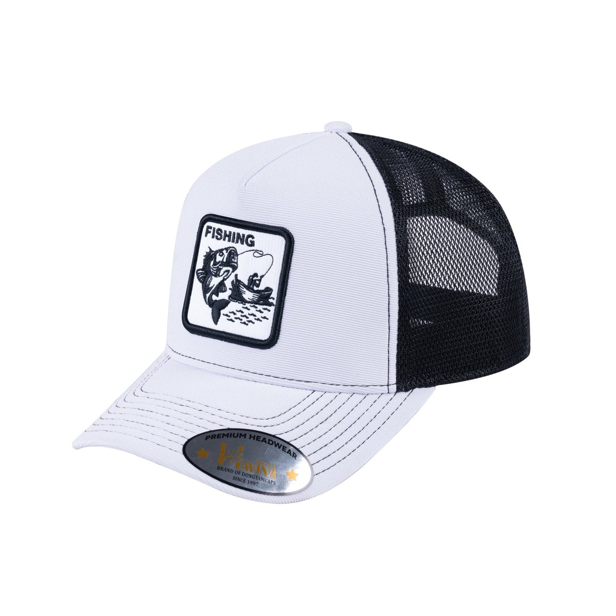 Unisex V2 Embroidered The Fishing, 5-Panel Trucker Hat, White/Black, Adjustable Fit