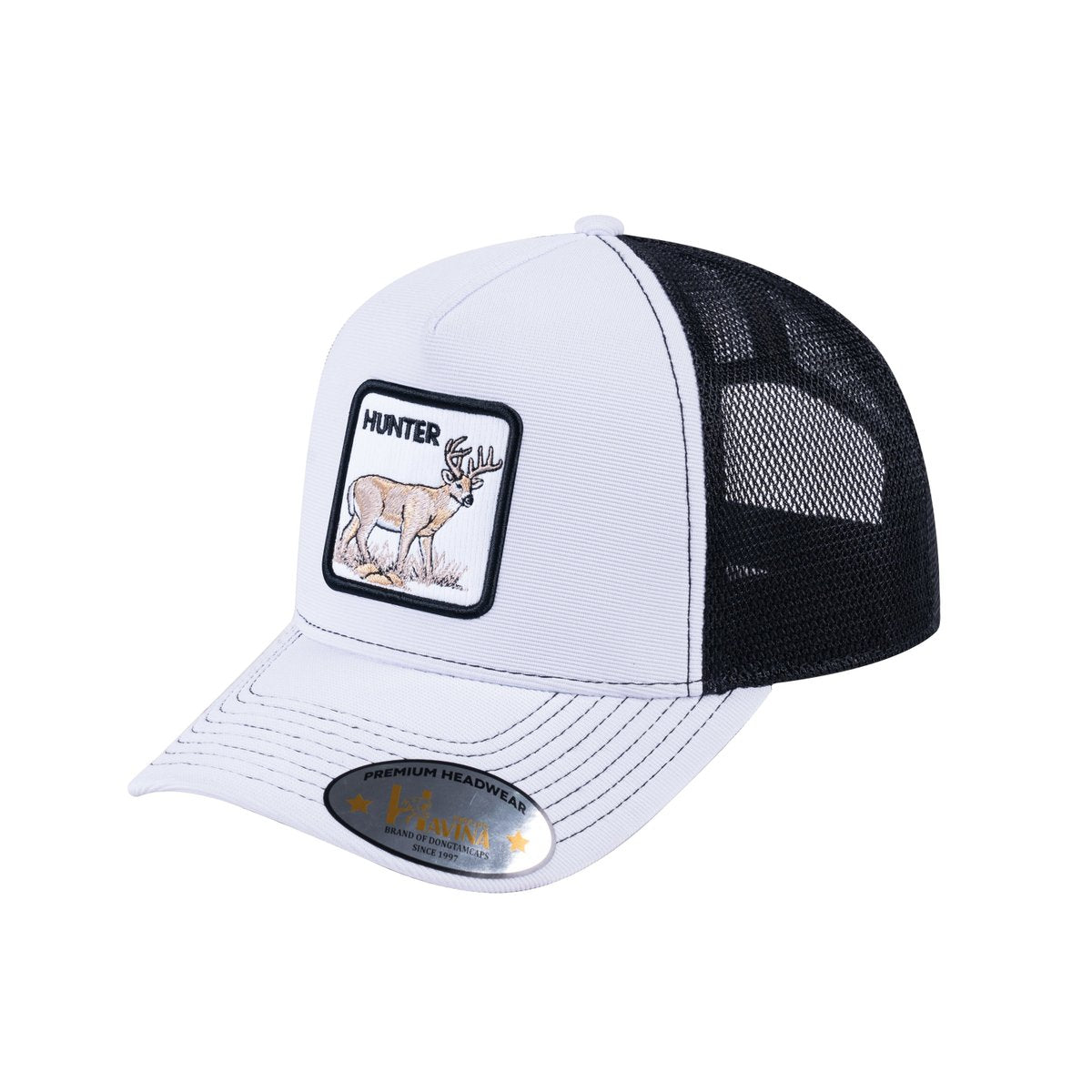 Unisex V2 Embroidered The Hunter, 5-Panel Trucker Hat, White/Black, Adjustable Fit