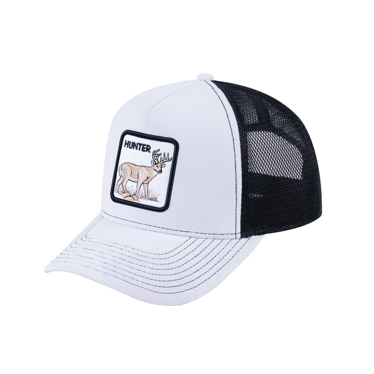Unisex V2 Embroidered The Hunter, 5-Panel Trucker Hat, White/Black, Adjustable Fit