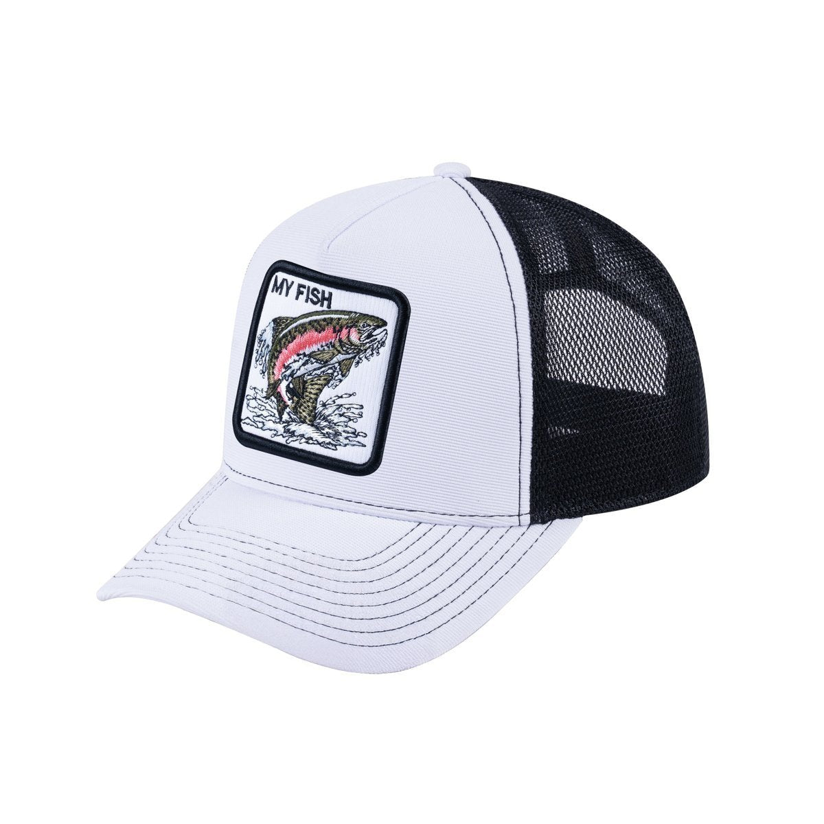 Unisex V2 Embroidered The Salmon, 5-Panel Trucker Hat, White/Black, Adjustable Fit