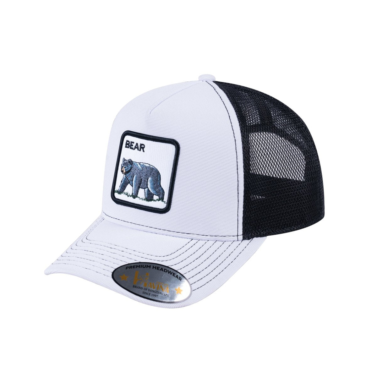Unisex V2 Embroidered The Bear V2, 5-Panel Trucker Hat, White/Black, Adjustable Fit