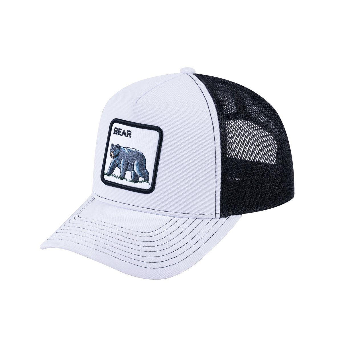 Unisex V2 Embroidered The Bear V2, 5-Panel Trucker Hat, White/Black, Adjustable Fit
