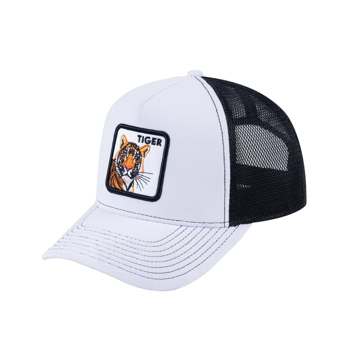 Unisex V2 Embroidered The Tiger, 5-Panel Trucker Hat, White/Black, Adjustable Fit