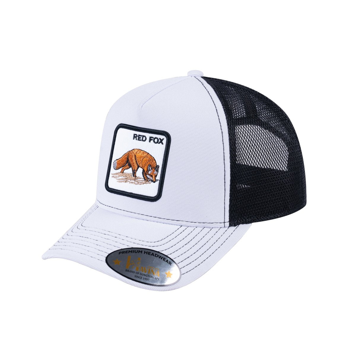 Unisex V2 Embroidered The Red Fox, 5-Panel Trucker Hat, White/Black, Adjustable Fit