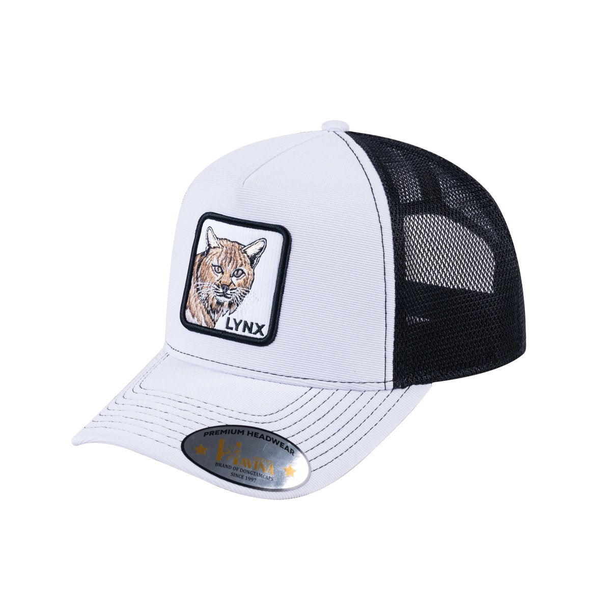 Unisex V2 Embroidered The Lynx, 5-Panel Trucker Hat, White/Black, Adjustable Fit