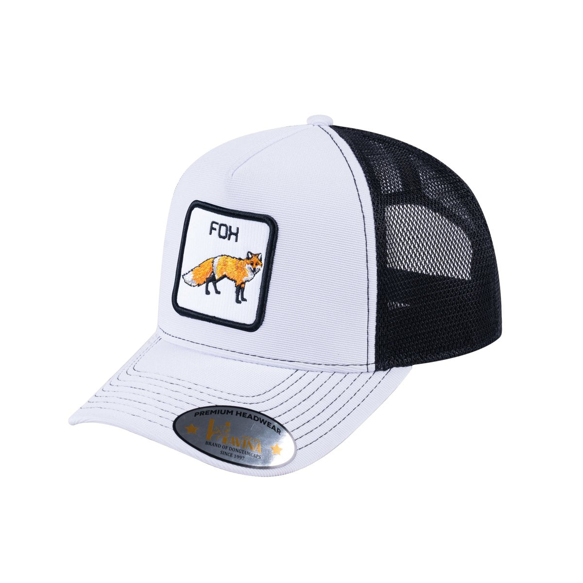 Unisex V2 Embroidered The Fox, 5-Panel Trucker Hat, White/Black, Adjustable Fit