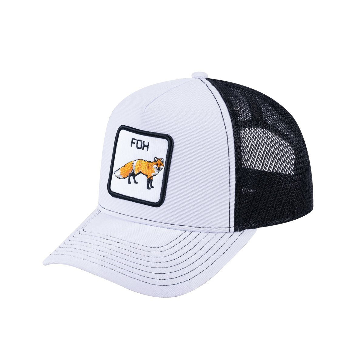 Unisex V2 Embroidered The Fox, 5-Panel Trucker Hat, White/Black, Adjustable Fit