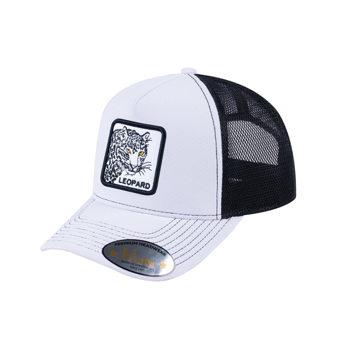 Unisex V2 Embroidered The Leopard, 5-Panel Trucker Hat, White/Black, Adjustable Fit