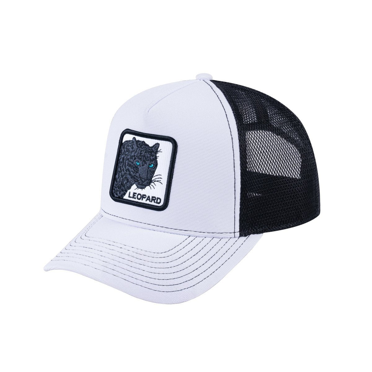 Unisex V2 Embroidered The Leopard V2, 5-Panel Trucker Hat, White/Black, Adjustable Fit