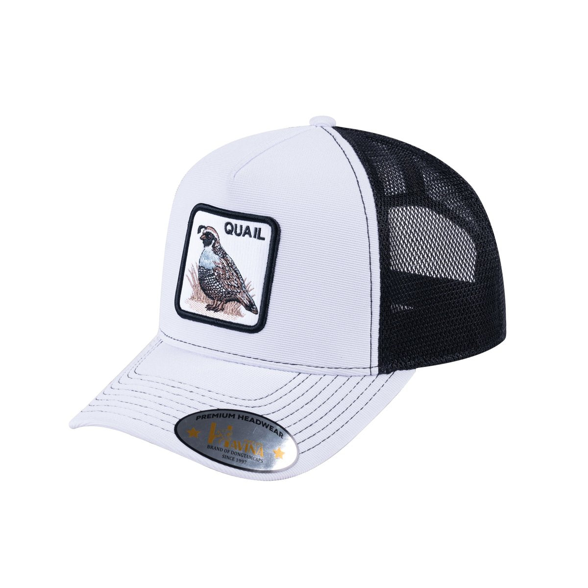 Unisex V2 Embroidered The Quail, 5-Panel Trucker Hat, White/Black, Adjustable Fit