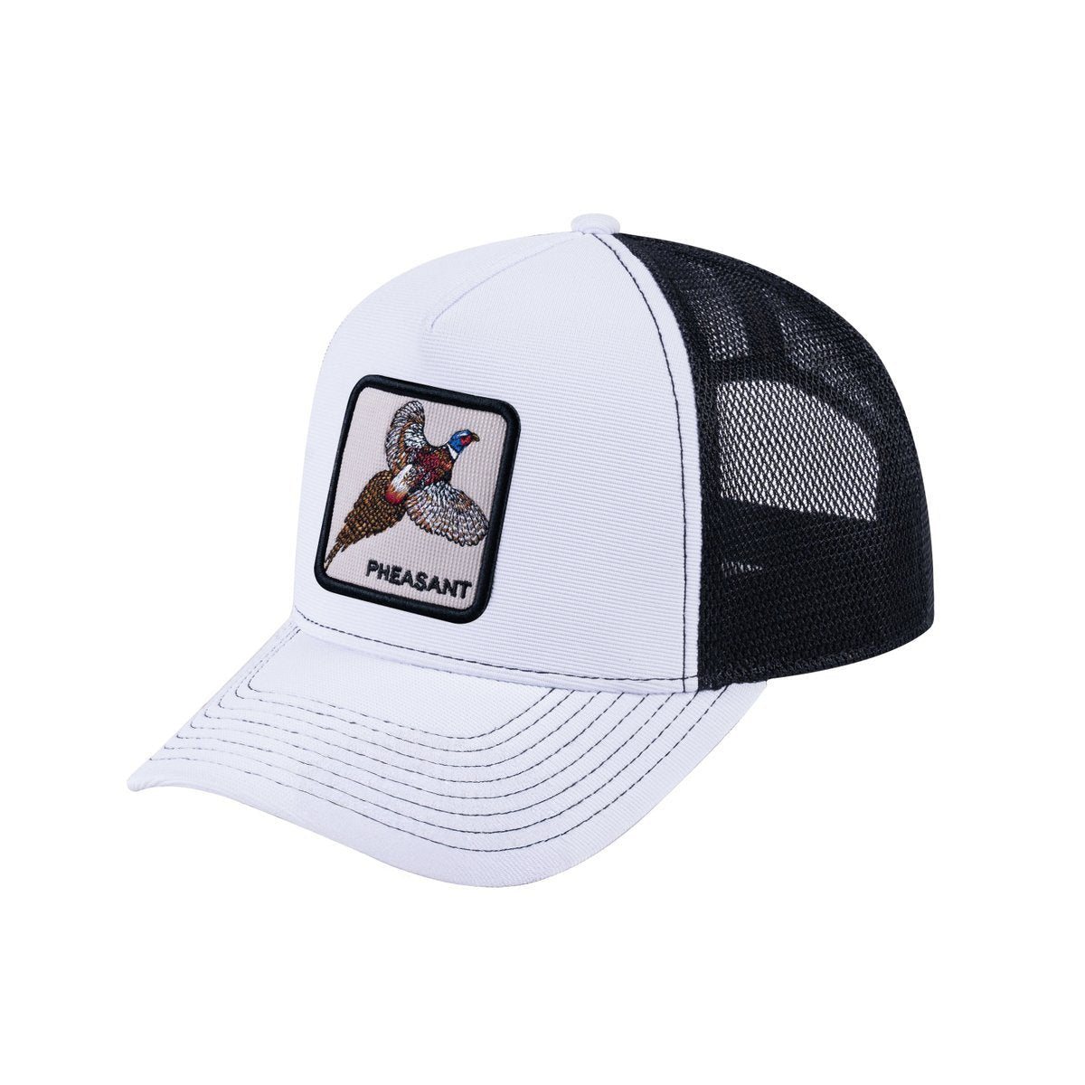 Unisex V2 Embroidered The Pheasant, 5-Panel Trucker Hat, White/Black, Adjustable Fit