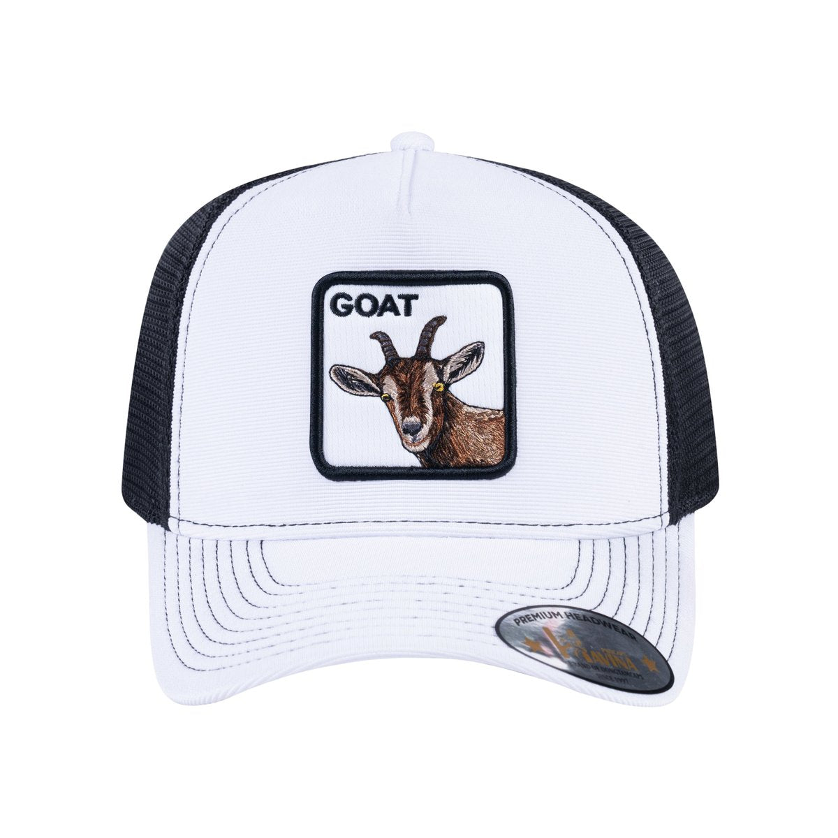 Unisex V2 Embroidered The Goat, 5-Panel Trucker Hat, White/Black, Adjustable Fit