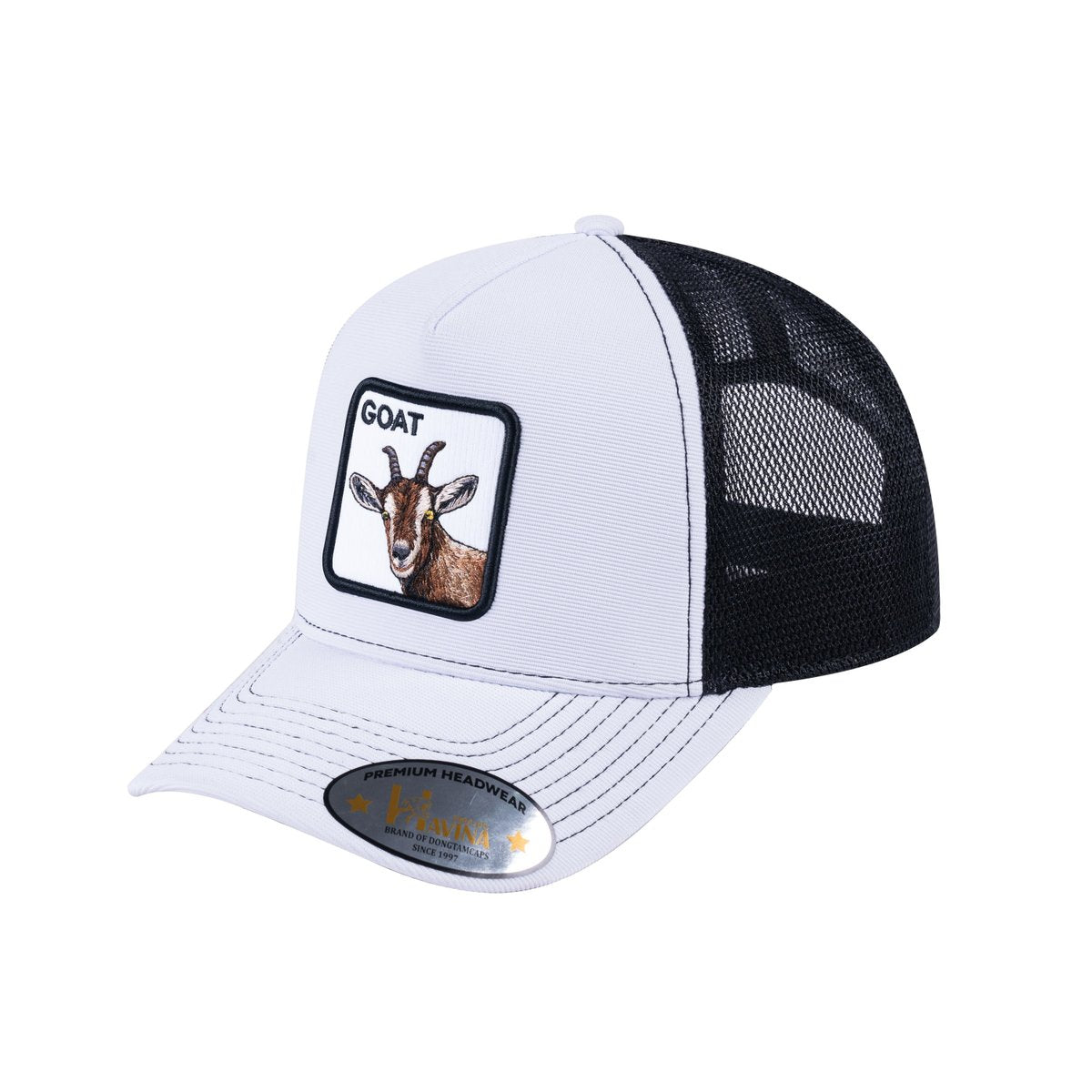 Unisex V2 Embroidered The Goat, 5-Panel Trucker Hat, White/Black, Adjustable Fit