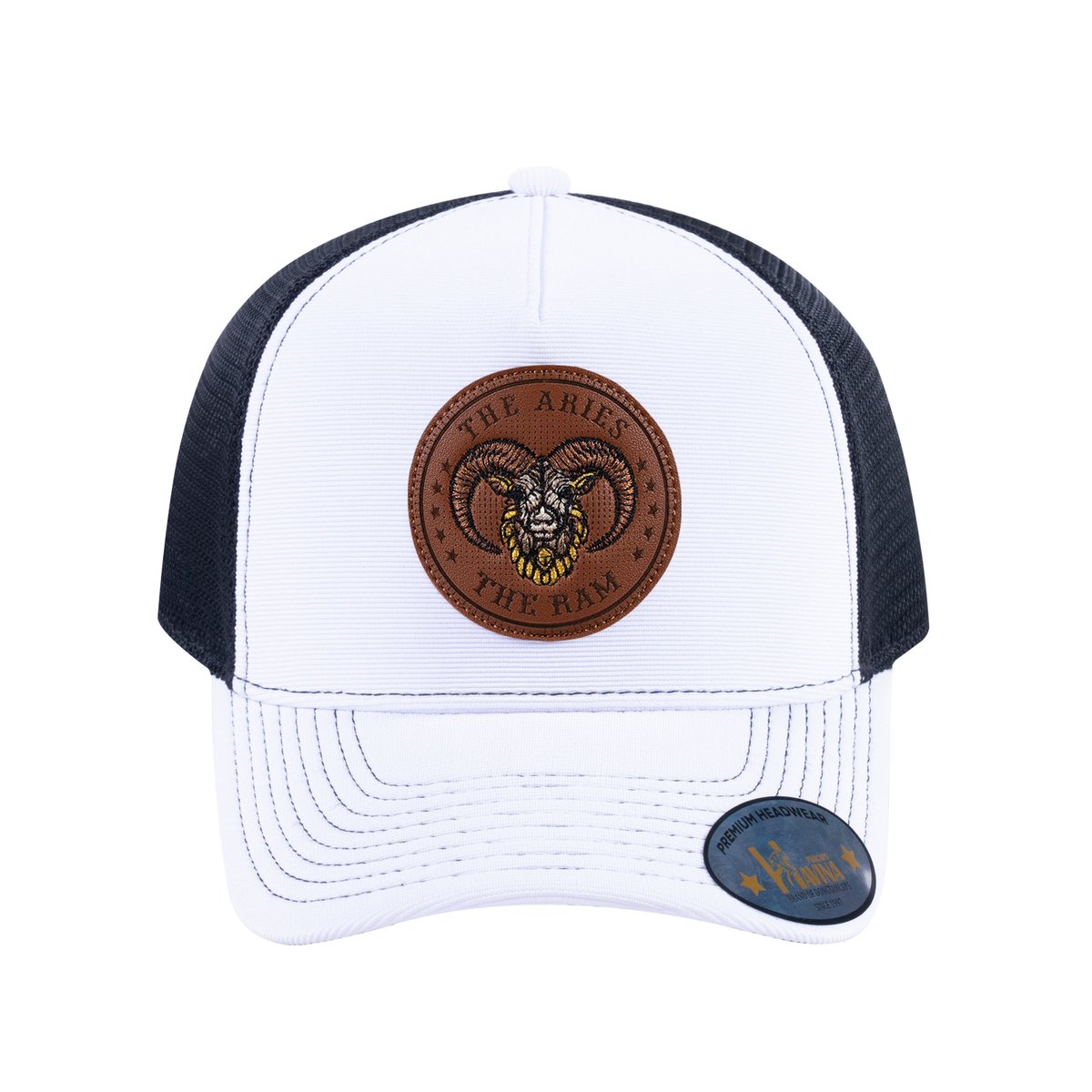 Unisex V2 Embroidered And Laser-Engraved Aries Zodiac (March 21, April 19), 5-Panel Trucker Hat, White/Black, Adjustable Fit