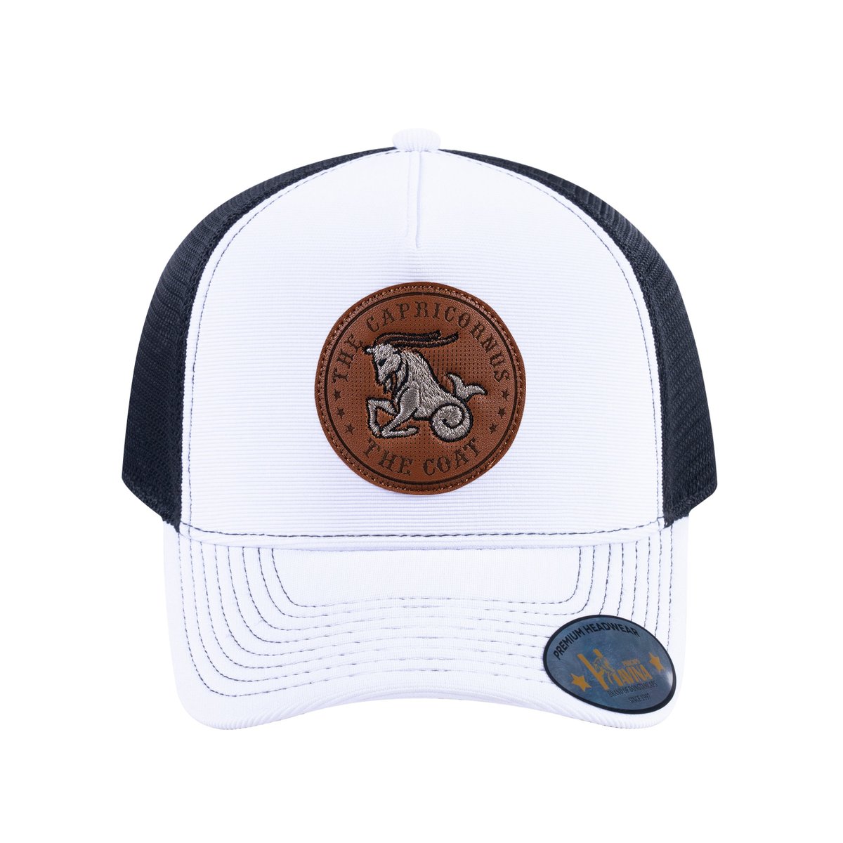 Unisex V2 Embroidered And Laser-Engraved Capricorn Zodiac (December 22, January 19), 5-Panel Trucker Hat, White/Black, Adjustable Fit