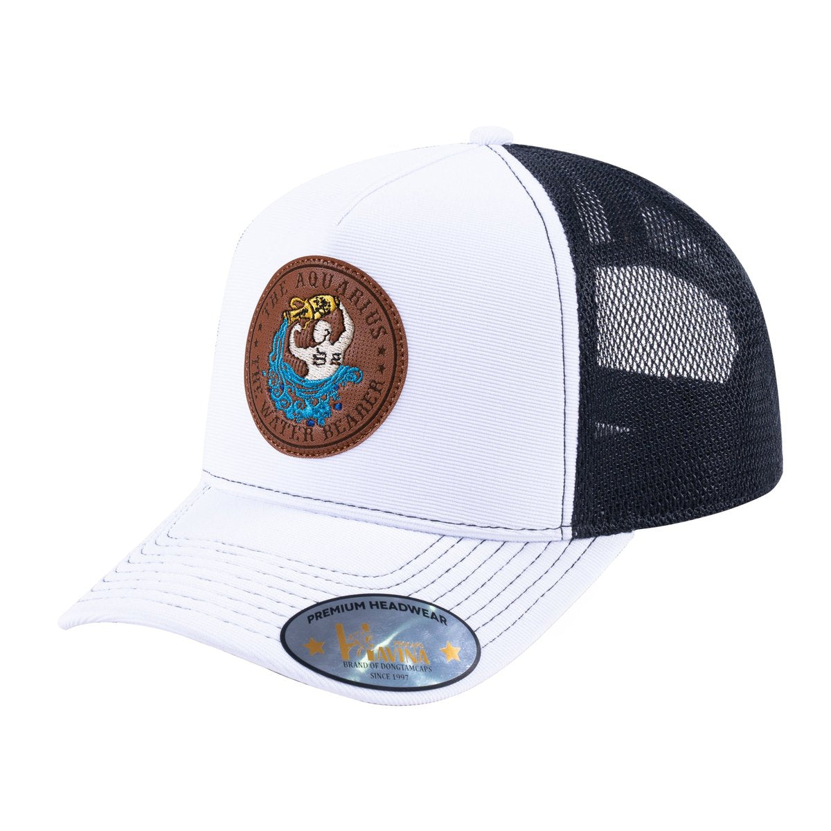 Unisex V2 Embroidered And Laser-Engraved Aquarius Zodiac (January 20, February 18), 5-Panel Trucker Hat, White/Black, Adjustable Fit