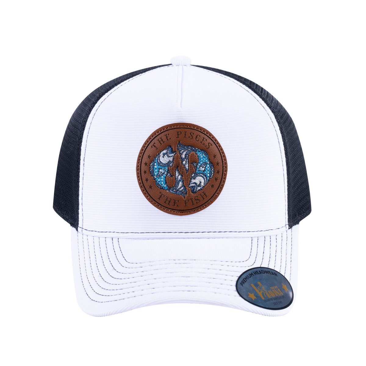 Unisex V2 Embroidered And Laser-Engraved Pisces Zodiac (February 19, March 20), 5-Panel Trucker Hat, White/Black, Adjustable Fit
