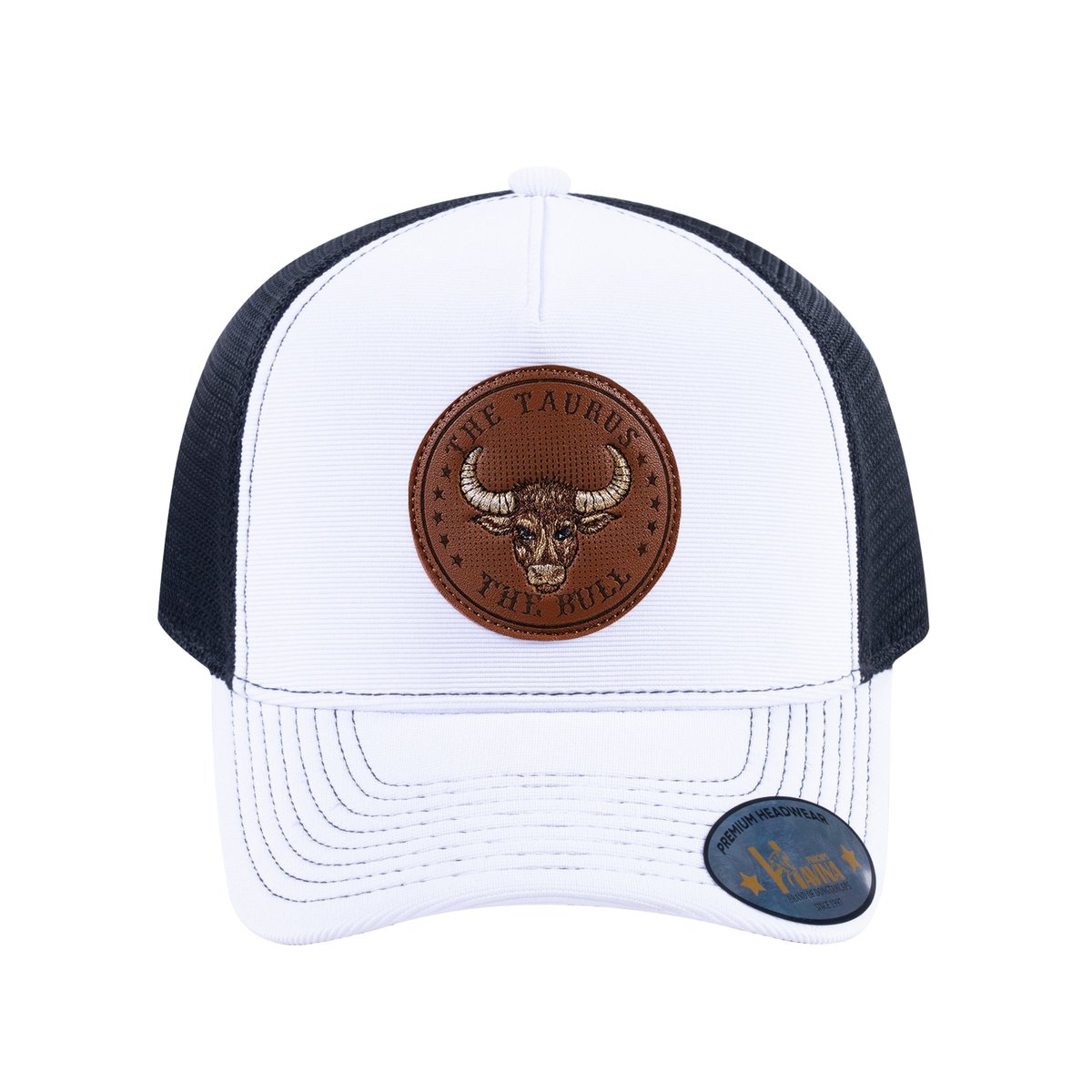 Unisex V2 Embroidered And Laser-Engraved Taurus Zodiac (April 20, May 20), 5-Panel Trucker Hat, White/Black, Adjustable Fit