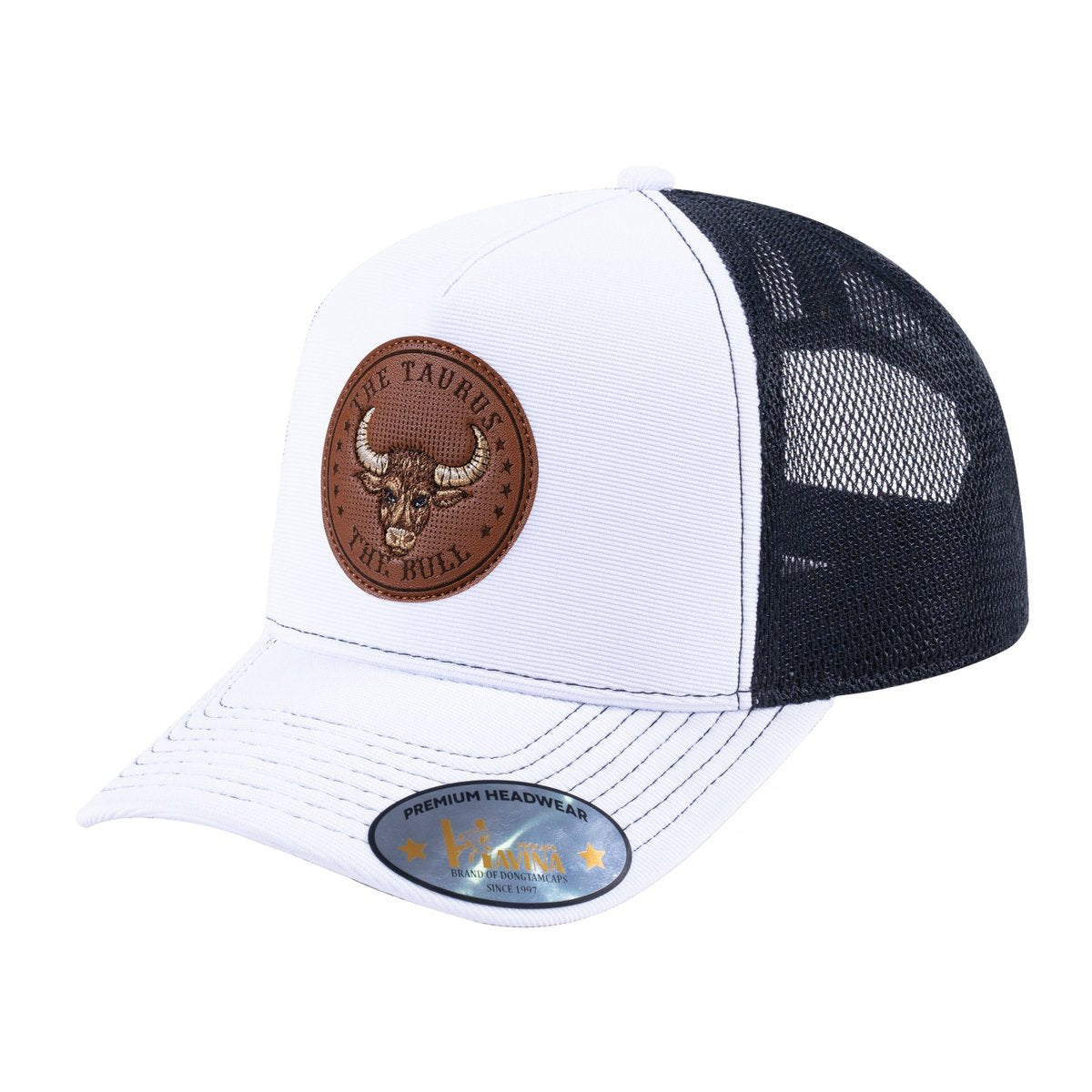 Unisex V2 Embroidered And Laser-Engraved Taurus Zodiac (April 20, May 20), 5-Panel Trucker Hat, White/Black, Adjustable Fit
