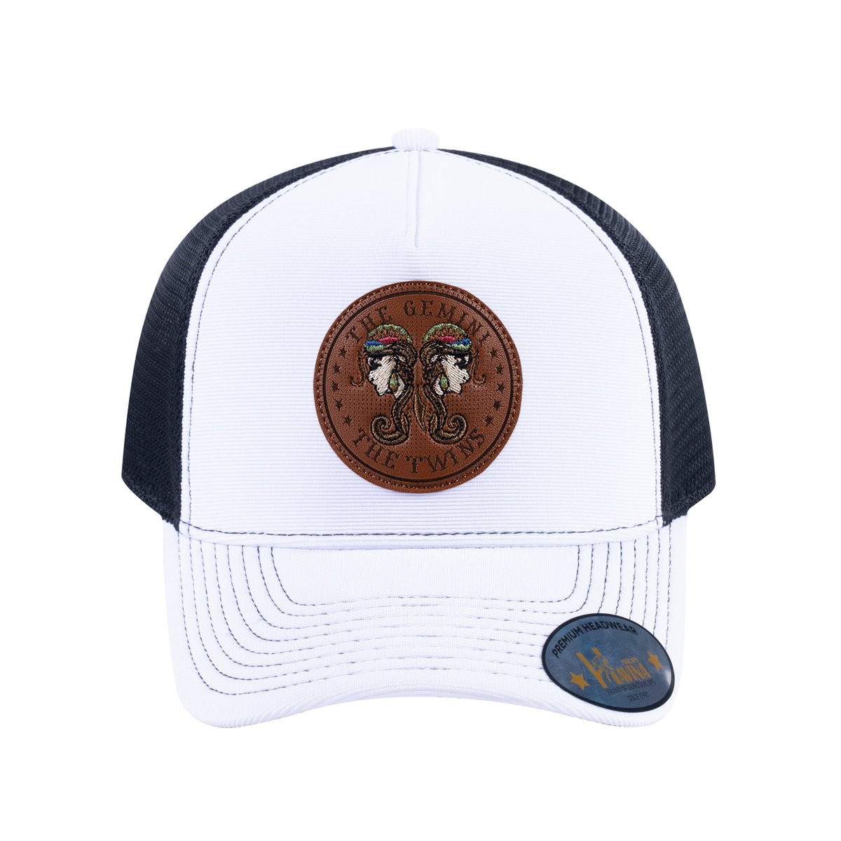 Unisex V2 Embroidered And Laser-Engraved Gemini Zodiac (May 21, June 20), 5-Panel Trucker Hat, White/Black, Adjustable Fit