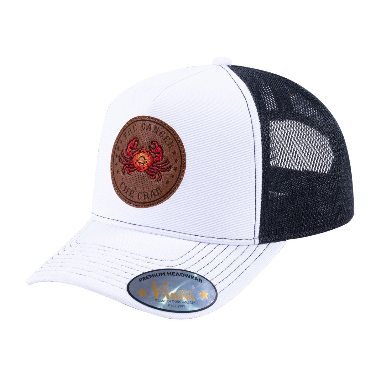 Unisex V2 Embroidered And Laser-Engraved Cancer Zodiac (June 21, July 22), 5-Panel Trucker Hat, White/Black, Adjustable Fit