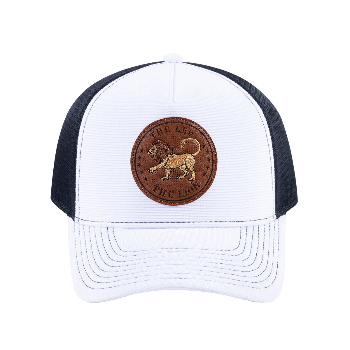 Unisex V2 Embroidered And Laser-Engraved Leo Zodiac (July 23, August 22), 5-Panel Trucker Hat, White/Black, Adjustable Fit