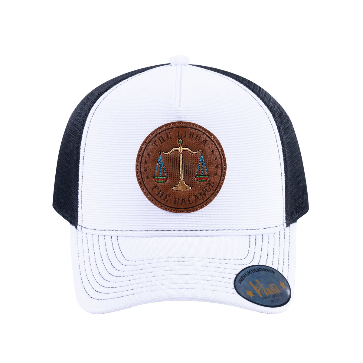 Unisex V2 Embroidered And Laser-Engraved Libra Zodiac (September 23, October 22), 5-Panel Trucker Hat, White/Black, Adjustable Fit