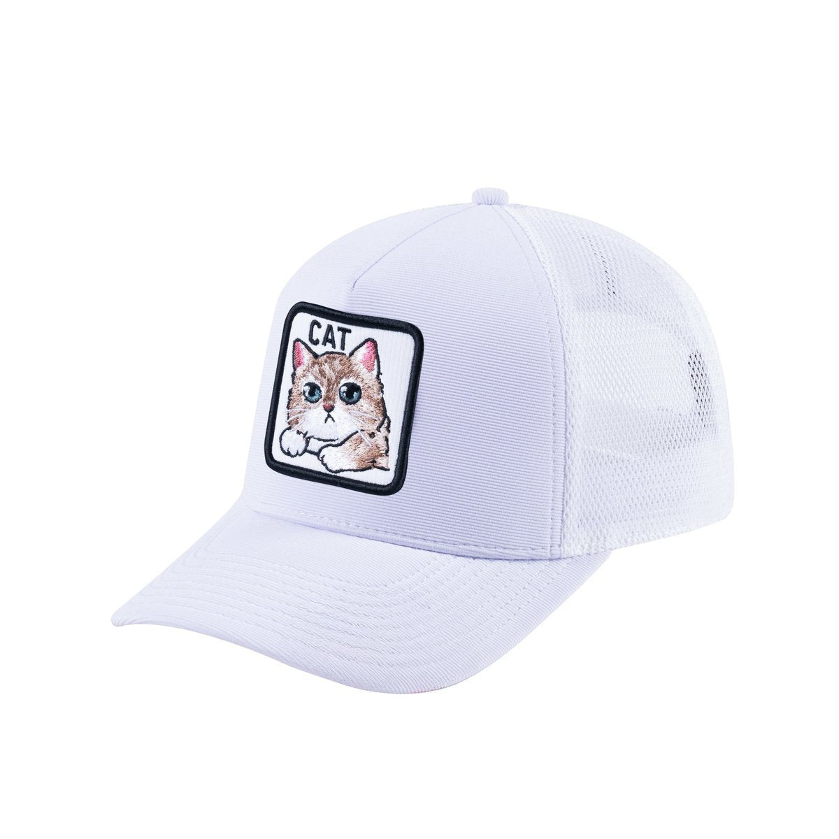 Unisex V2 Embroidered The Cat, 5-Panel Trucker Hat, White/White, Adjustable Fit