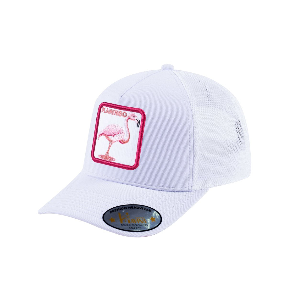 Unisex V2 Embroidered The Flamingo, 5-Panel Trucker Hat, White/White, Adjustable Fit