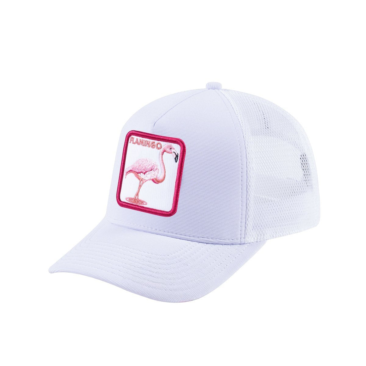 Unisex V2 Embroidered The Flamingo, 5-Panel Trucker Hat, White/White, Adjustable Fit