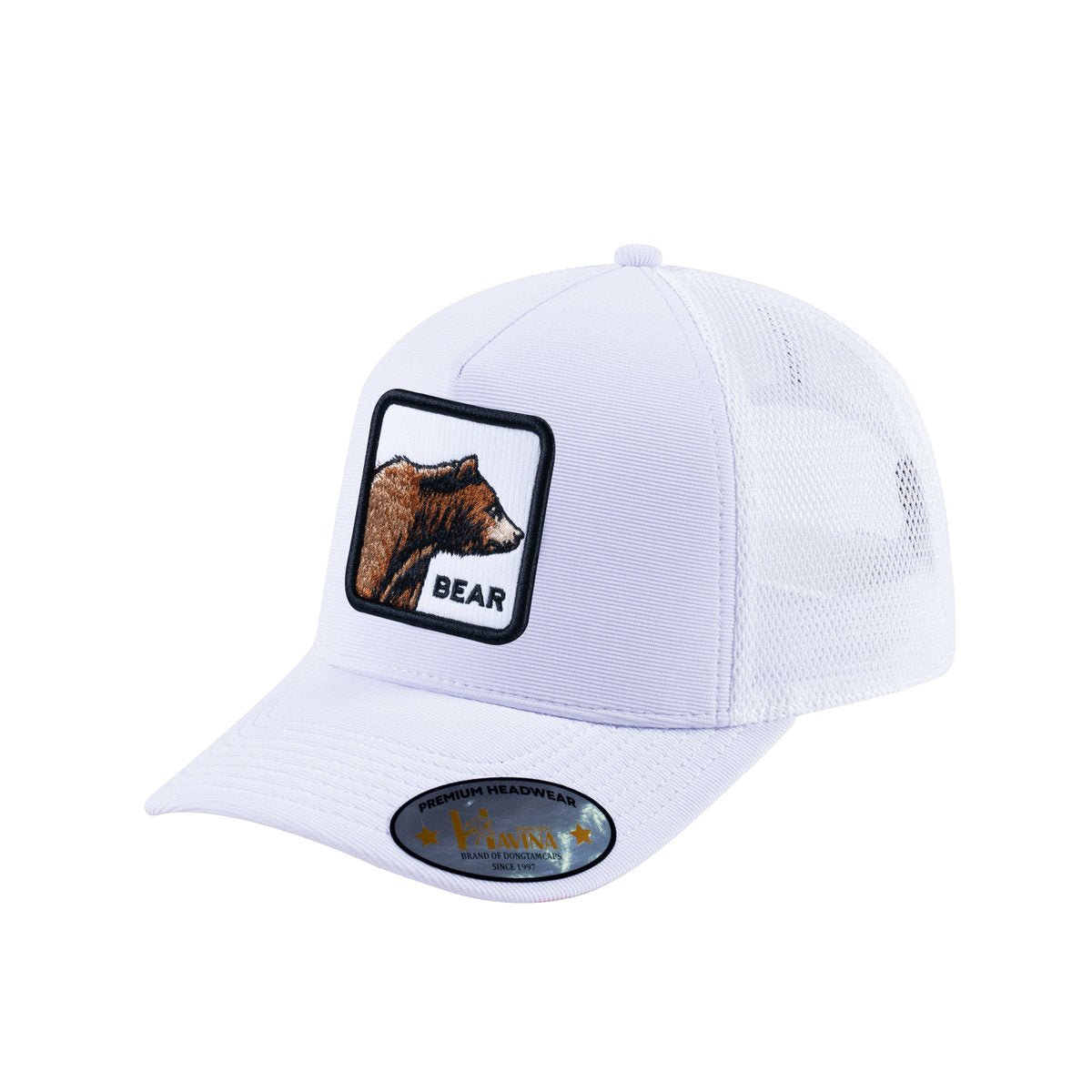 Unisex V2 Embroidered The Bear, 5-Panel Trucker Hat, White/White, Adjustable Fit