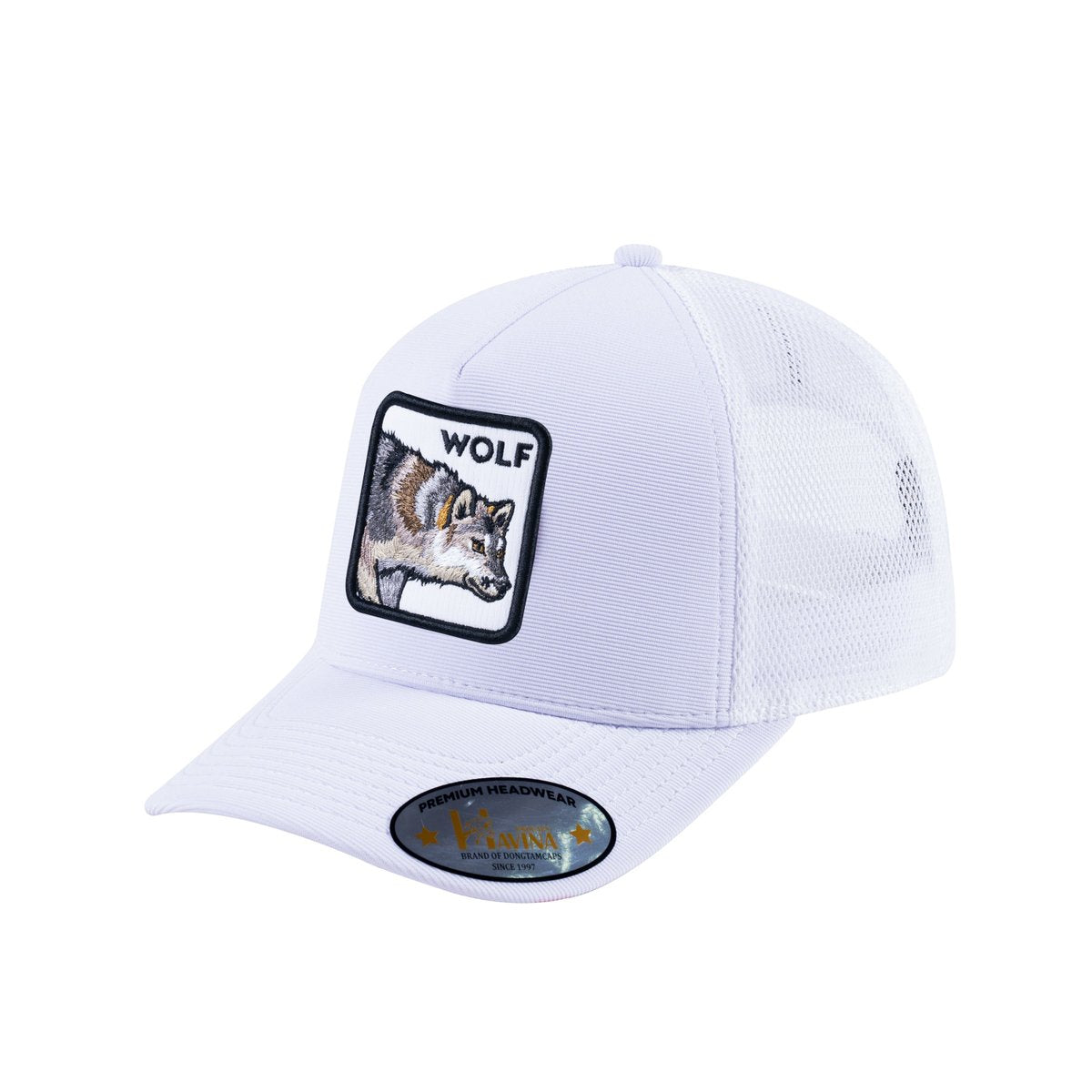 Unisex V2 Embroidered The Wolf, 5-Panel Trucker Hat, White/White, Adjustable Fit