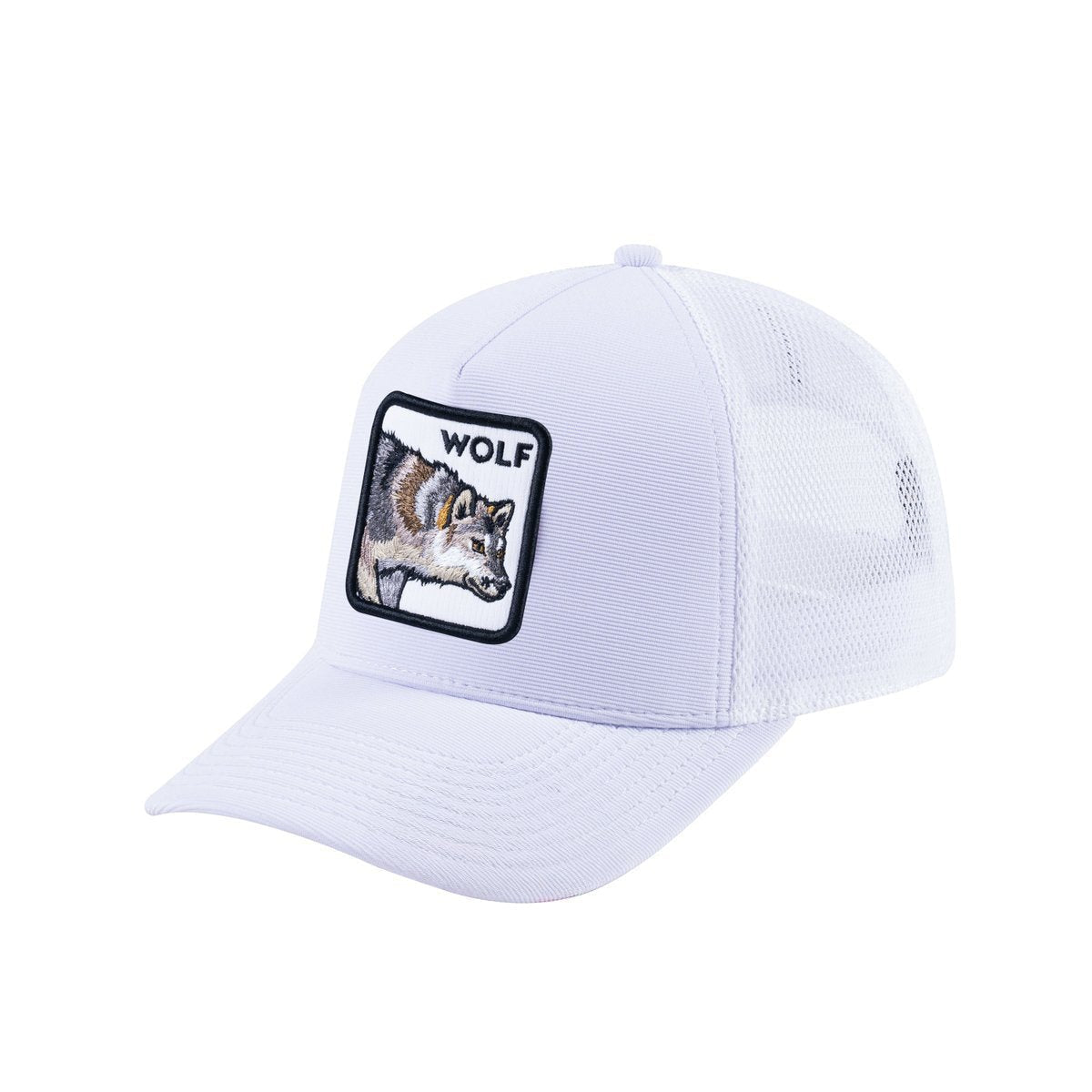 Unisex V2 Embroidered The Wolf, 5-Panel Trucker Hat, White/White, Adjustable Fit