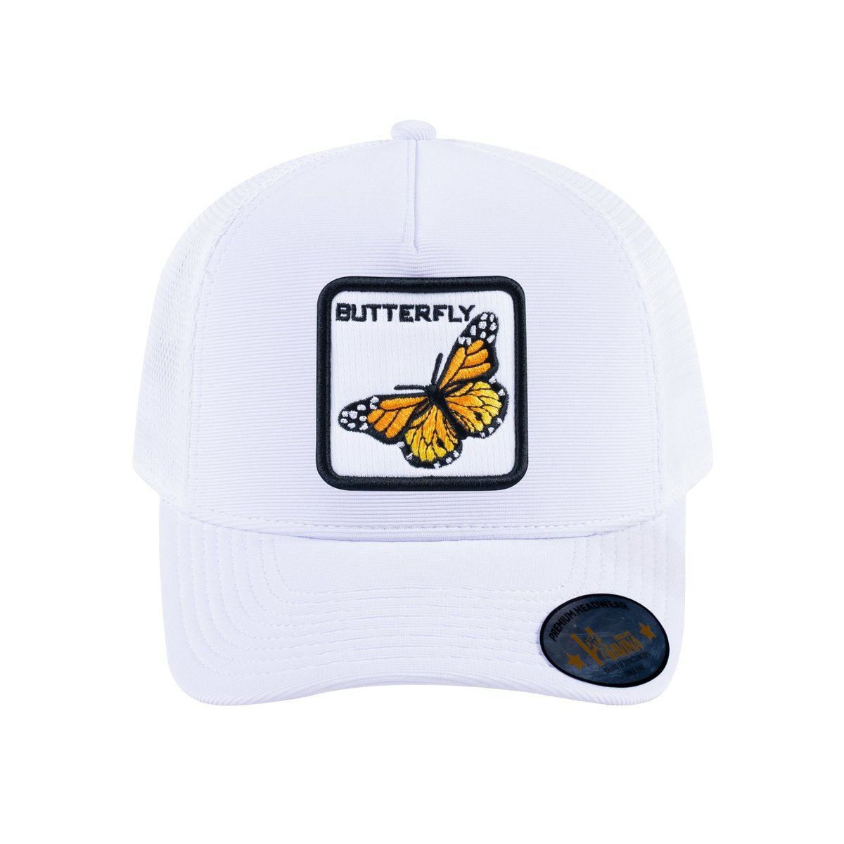 Unisex V2 Embroidered The Butterfly, 5-Panel Trucker Hat, White/White, Adjustable Fit