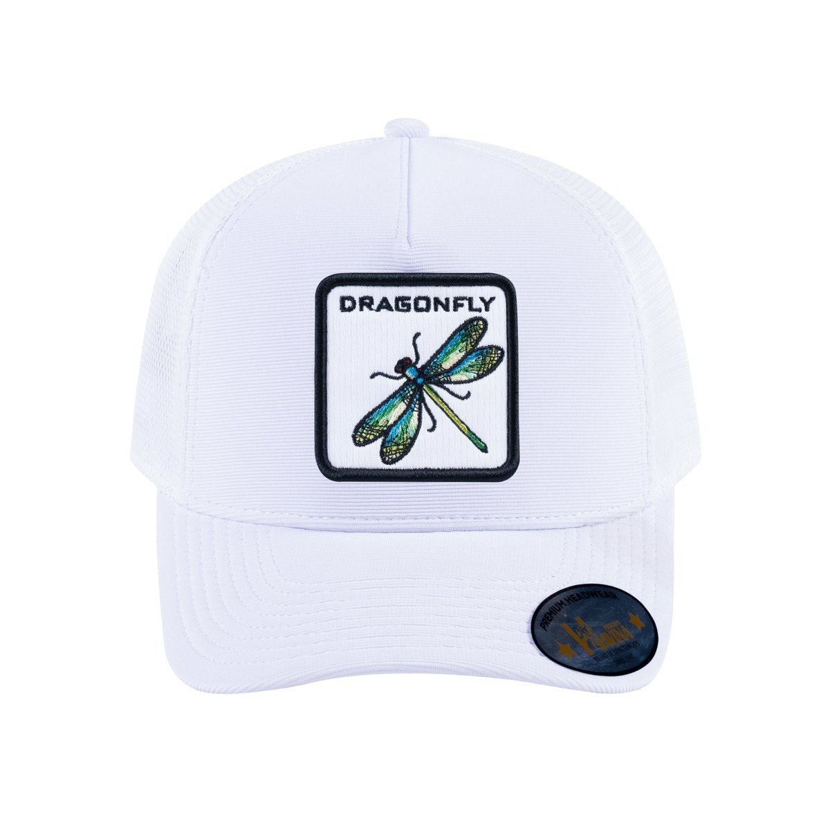 Unisex V2 Embroidered The Dragonfly, 5-Panel Trucker Hat, White/White, Adjustable Fit