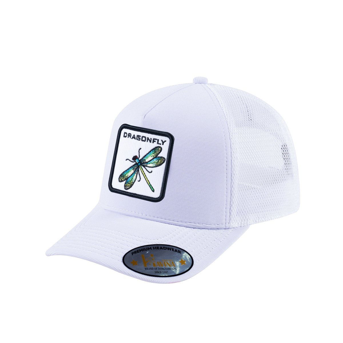 Unisex V2 Embroidered The Dragonfly, 5-Panel Trucker Hat, White/White, Adjustable Fit